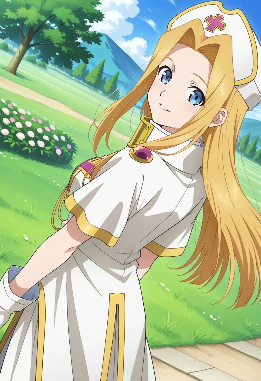 village, trees, clouds, day, flowers,
BREAK,
light smile, parted lips, looking back, looking at viewer,
cowboy shot, dynamic angle, from behind,
BREAK,
<lora:minti_illustriousXL_v04:0.95>
mintbase, blonde hair, long hair, blue eyes, parted bangs, white cap, white headwear,
white dress, short sleeves, white gloves, priestess, cleric, white robe, gold trim, high collar,
white footwear, white shoes,, source_anime, very aesthetic, anime coloring, masterpiece,
best quality, amazing quality, ultra detailed, very aesthetic,
detailed background,
BREAK,