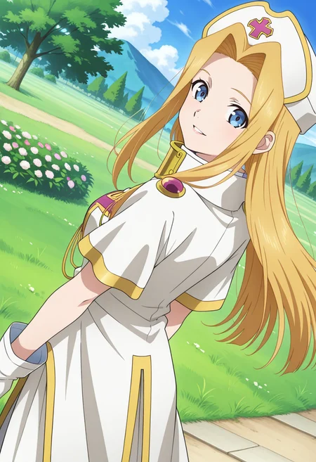 village, trees, clouds, day, flowers,
BREAK,
light smile, parted lips, looking back, looking at viewer,
cowboy shot, dynamic angle, from behind,
BREAK,
<lora:minti_illustriousXL_v04:0.95>
mintbase, blonde hair, long hair, blue eyes, parted bangs, white cap, white headwear,
white dress, short sleeves, white gloves, priestess, cleric, white robe, gold trim, high collar,
white footwear, white shoes,, source_anime, very aesthetic, anime coloring, masterpiece,
best quality, amazing quality, ultra detailed, very aesthetic,
detailed background,
BREAK,