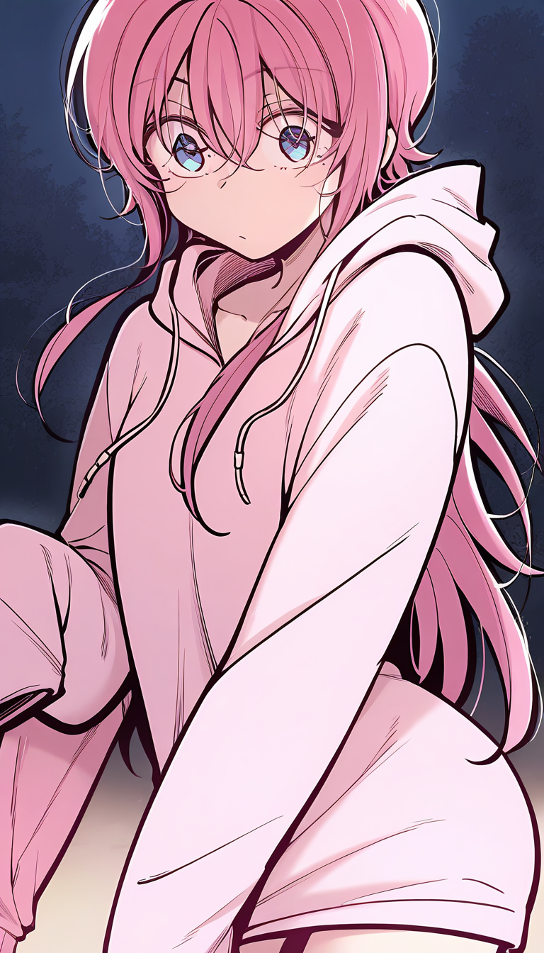 <lora:yushanshan:1>,yushanshan,1girl,long hair,pink hair,hair between eyes,blue eyes,pink hoodie, sleeves past wrists, long sleeves,, masterpiece,best quality,amazing quality,anime screenshot,