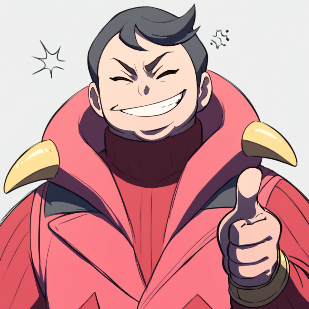Score_7_up, score_8_up, score_9, upper body, Tabitha, red uniform, closed eyes, smirk, (thumbs up), simple background,