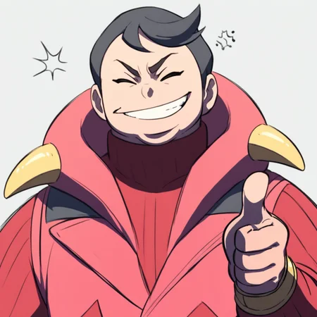 Score_7_up, score_8_up, score_9, upper body, Tabitha, red uniform, closed eyes, smirk, (thumbs up), simple background,