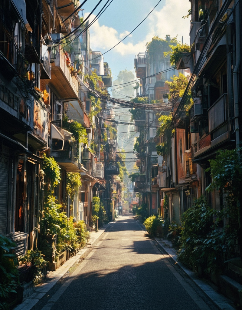 <lora:City_Worlds_01_v1_Roads_flux:1>  citybkg, cyberpunk, evening, sun shades, very detailed, very narrow street, futuristic, ground view, houses, vegetation,