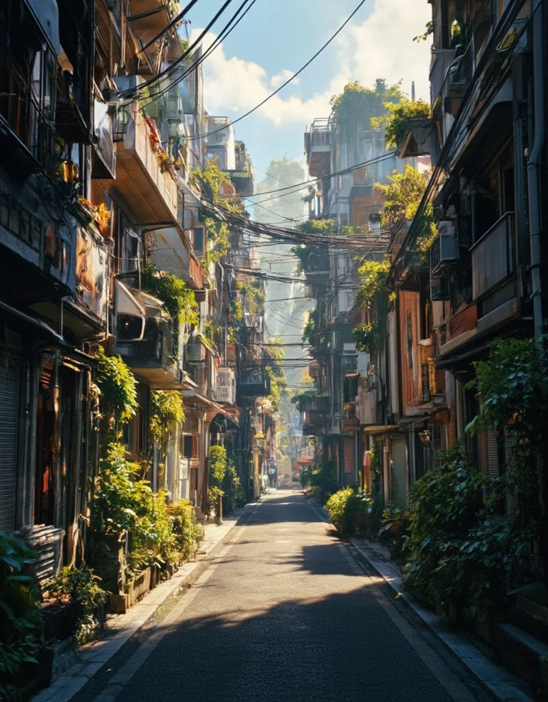 <lora:City_Worlds_01_v1_Roads_flux:1> citybkg, cyberpunk, evening, sun shades, very detailed, very narrow street, futuristic, ground view, houses, vegetation,