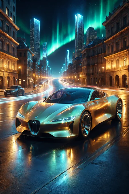 morph-aurora, a futuristic luxury car with premium finish, elegant curves, solo, futuristic spoiler, glowing edges, futuristic bridge, glowing supports, city below, detailed background, cruising through a city street, lights reflecting, smooth glide, environment focus, wide shot, a futuristic road marker, glowing softly, on the road, best quality, rich colors, realistic style, high detail, high-definition, hyper-realistic, extremely high-resolution details, fine texture, incredibly lifelike, realistic, not fantasy, not anime, not drawing, highres, 4K resolution, source photo, realistic photo, masterpiece, best quality, amazing quality, very aesthetic, ultra-detailed, detailed surfaces, natural metallic tones, soft light, futuristic gold, metallic sheen, soft light, close-up shot, <lora:add-detail-xl:1> <lora:aurora_0_100_V1-000009:0.65>