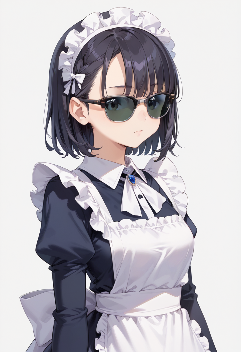 score_9, score_8_up, score_7_up, rating_safe, masterpiece, best quality, absurdres, unity 8k wallpaper, official art, official style, source_anime, uncensored, game cg, megami magazine,
1girl, solo, black hair, medium hair, upper body, covered eyes,maid, maid headdress, black dress, maid apron,
sirmont, sunglasses, white background, simple background, reflection, glasses, english text, black-framed eyewear, grey-framed eyewear, two-tone eyewear, covered eyes, 
 <lora:glasses_clubmaster_PONY_V1:1>
