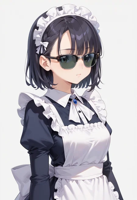 score_9, score_8_up, score_7_up, rating_safe, masterpiece, best quality, absurdres, unity 8k wallpaper, official art, official style, source_anime, uncensored, game cg, megami magazine,
1girl, solo, black hair, medium hair, upper body, covered eyes,maid, maid headdress, black dress, maid apron,
sirmont, sunglasses, white background, simple background, reflection, glasses, english text, black-framed eyewear, grey-framed eyewear, two-tone eyewear, covered eyes,
<lora:glasses_clubmaster_PONY_V1:1>