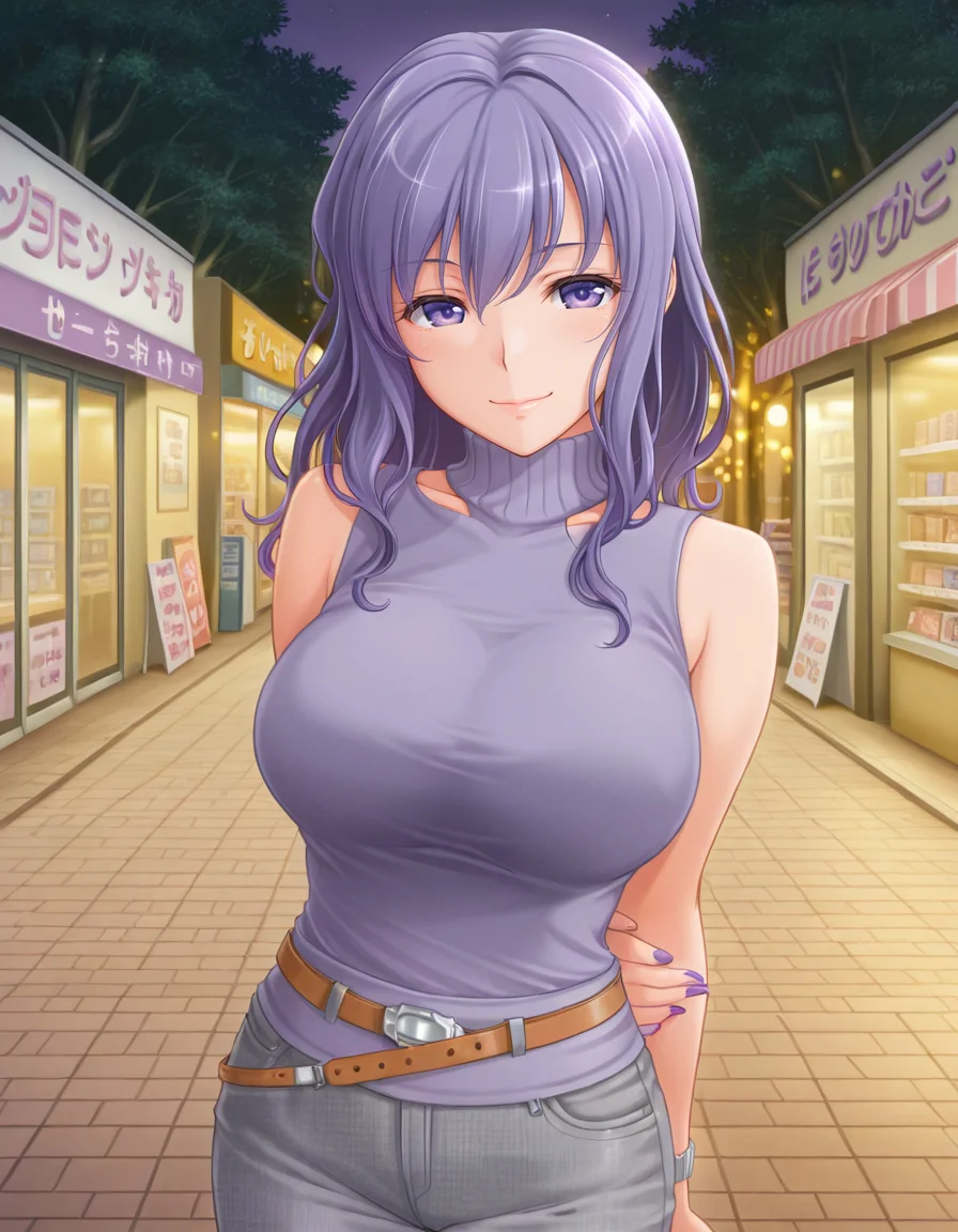 arms behind back, solo, smile, street, store, tree, sunny, bokeh bare shoulders, collarbone, purple shirt, purple nails, sleeveless, belt, grey pants, turtleneck, wristwatch, taut clothes,
<lora:Konoha_Hatoko_LCD_v02:0.9> konohahatoko lcd, long hair,
masterpiece, best quality, amazing quality,
