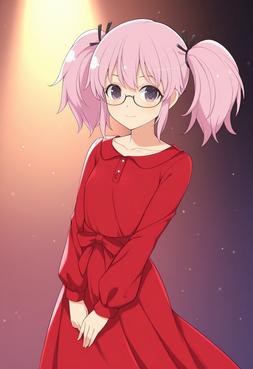 yaegashi_nan, 1girl, cute, stylish dress, long dress, red dress, happy, twintails, glasses, pink hair, gradient background, masterpiece, best quality, amazing quality, very aesthetic, high resolution, ultra-detailed, absurdres, newest, very awa, dynamic lighting, photorealistic detail, detailed face, detailed eyes, detailed hair, depth of field, scenery, volumetric lighting