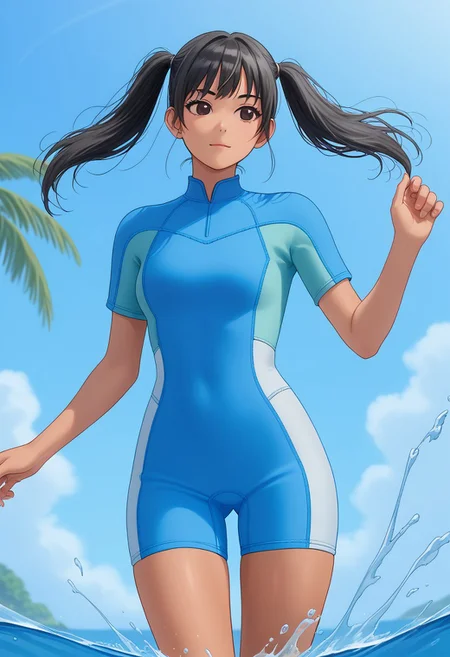 Manga style very dynamic drawing of a beautiful Asian woman wearing a short sleeves (wetsuitBBS) on the beach of a tropical island, she has black hair tied in too ponytails, very slender figure, narrow hips, thigh gap, small waist, she is playfully splashing around in the water