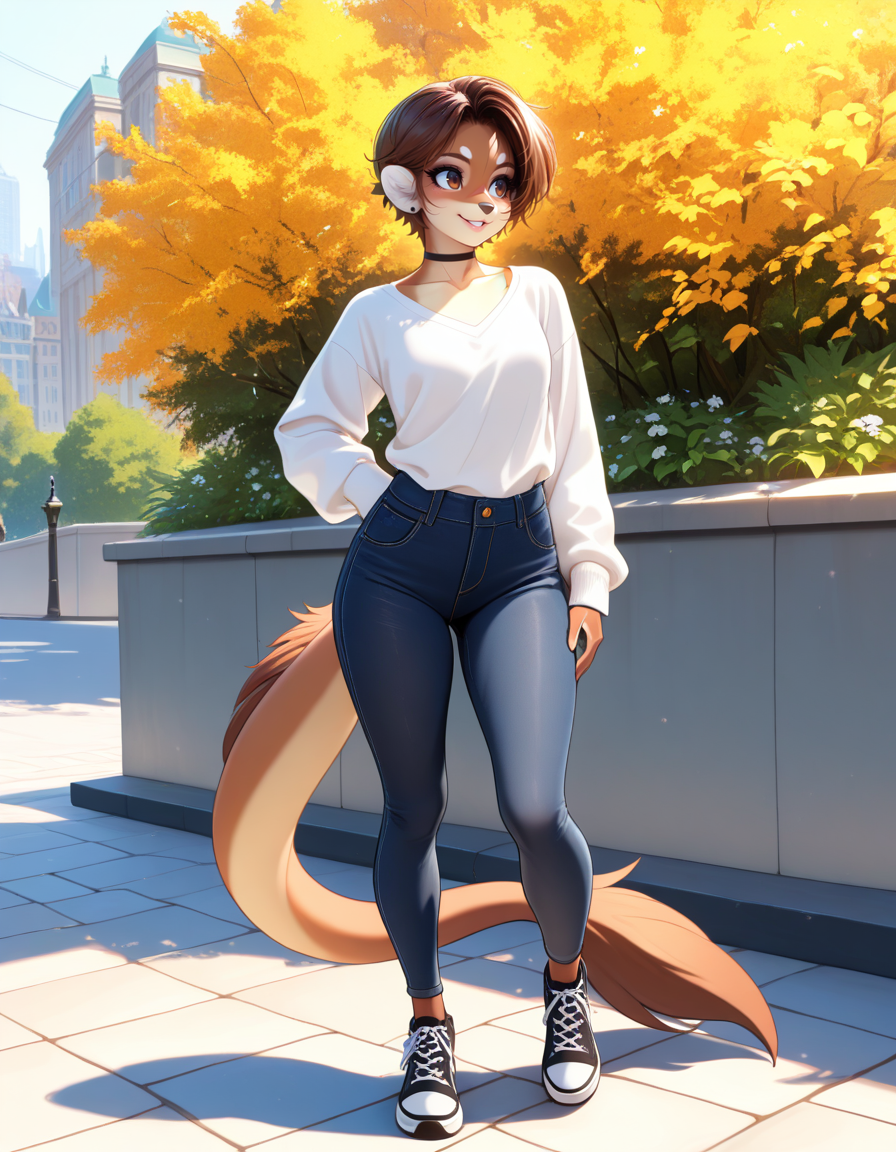 masterpiece, best quality, very aesthetic, absurdres,
outdoors, casual, 
full body, posing, 
smile, parted lips, long eyelashes, 
<lora:Mikhaila_v01_NAIXL:1>
M1k4a11a,1girl,solo,furry,furry female,short hair,brown hair,brown eyes,animal nose,choker,body fur,brown fur, tail,