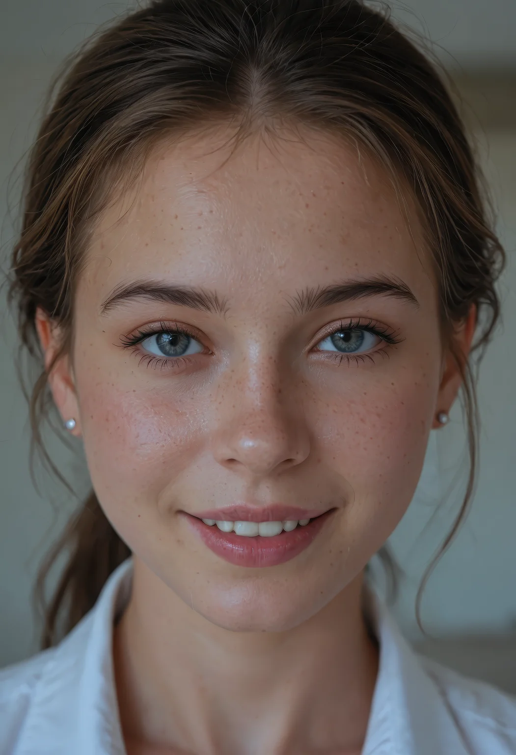 score_9, score_8_up, score_7_up, A close-up, RAW editorial-style photograph of a 21-year-old woman, her highly detailed face captured with lifelike texture and rich cinematic lighting, a faint, subdued smile softens her expression, shot from a POV angle inside a dark, moody, and intimate study, the background blurred but atmospheric, evoking solitude and warmth, captured with a Nikon D850 using a film stock look inspired by Kodak Portra 400 and CineStill 800, aperture f1.6 for shallow depth, deep color tones, and hyper-realistic rendering