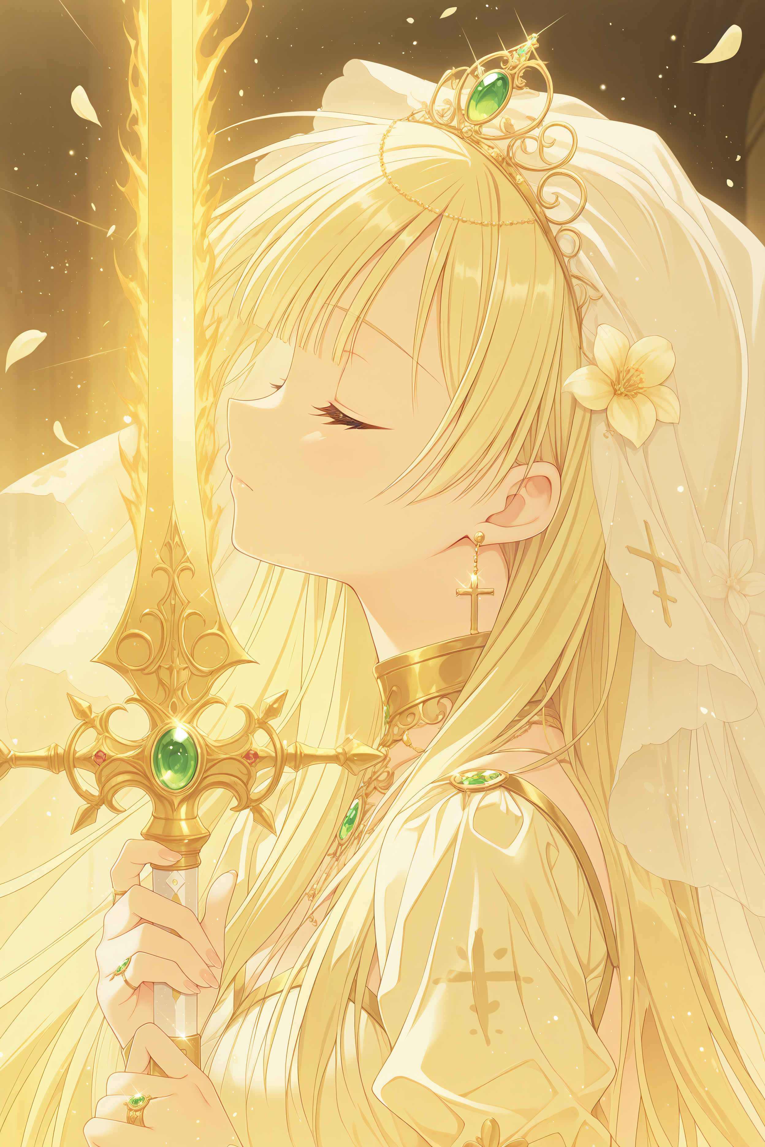 masterpiece, best quality, high quality, detailed, absurdres,newest, scenery, 1girl, solo, official style,best perspective,depth of field, very_aesthetic, best_quality ,high_resolusion, (8K:1.5),,crisp quality, ultra detailed,perfect anatomy,perfect lighting,anime screencap, perfect eyes,detailed eyes, <lora:Sylvia_V4_Illustrious:1>,Sylvia,blonde hair,bangs,green eyes, bangs,straight hair,
1girl,
upd25, earrings, profile, closed eyes, from side,long hair, holding, ring, yellow theme, veil, weapon, flaming sword, upper body, closed mouth, eyelashes, glint, flower, holding weapon, light particles, holding sword, gem, hands up, petals, cross,  <lora:style01:1>