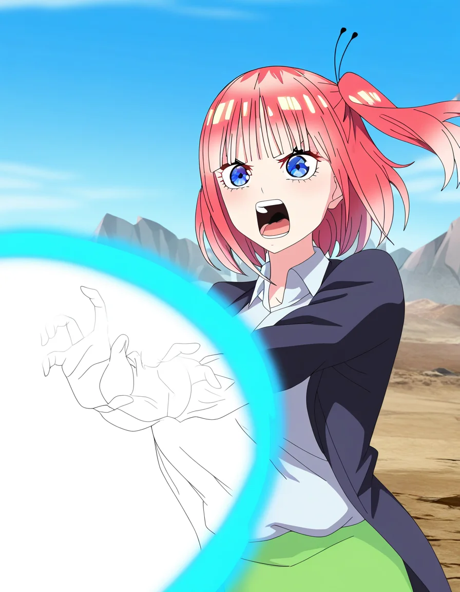 masterpiece, best quality, newest, absurdres, highres, safe,, <lora:nino-nakano-honeymoon-ponyxl-lora-nochekaiser:1>, nino nakano, short hair, bangs, blue eyes, large breasts, pink hair, blunt bangs, side ponytail, <lora:kamehameha-illustriousxl-lora-nochekaiser:1>, kamehameha, kamehameha (dragon ball), open mouth, outstrecthed arms, torn clothes, shouting, energy, energy beam, outdoors, wasteland, cowboy shot,