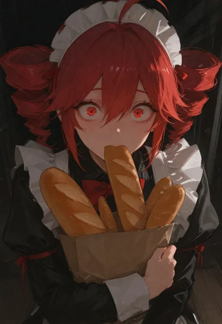 score_9, score_8_up, score_7_up,masterpiece, best quality, very aesthetic, high resolution, ultra-detailed, absurdres, newest, volumetric lighting, 1girl, solo, Kasane Teto, ahoge, red hair, (twin drills), hair between eyes, short sidelocks, red eyes, black maid dress, long sleeves, white cuffs, (white maid headdress with red ribbons), red bowtie, (holding paper bag of baguettes), eating baguette, raised eyebrows, wide-eyed, surprised, (looking at viewer:1.2),