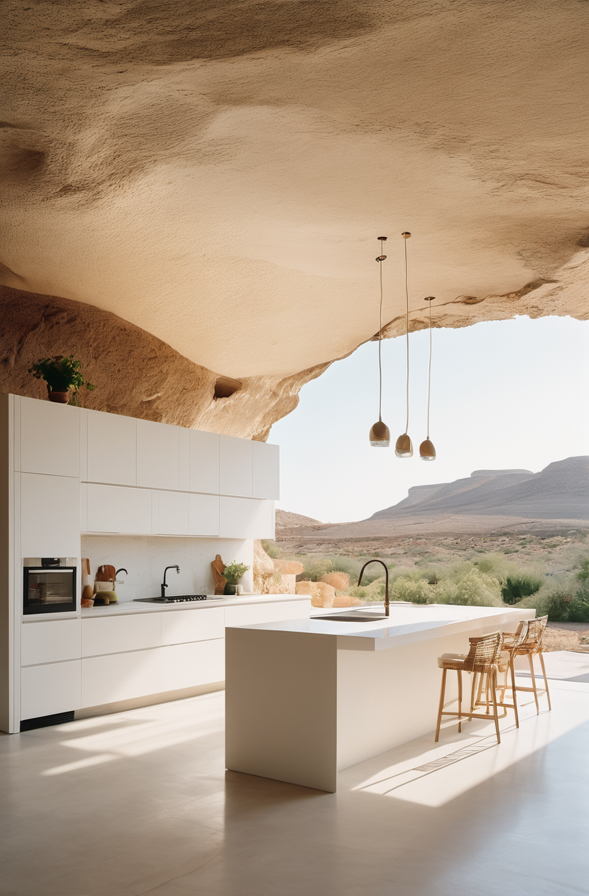 award winning interior photo, photograph, ultra photorealistic, photorealism, film still of inside a modern white spacious (kitchen in a smooth stone cave:1.25), smooth shading, desert, daylight, bright colors, hyper realistic, modern, surreal, lights, minimalistic studio architecture, behance, halation, bloom, dramatic atmosphere, rule of thirds, 8k uhd, dslr, high quality, film grain, Fuji Superia X-TRA 400