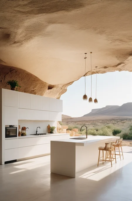 award winning interior photo, photograph, ultra photorealistic, photorealism, film still of inside a modern white spacious (kitchen in a smooth stone cave:1.25), smooth shading, desert, daylight, bright colors, hyper realistic, modern, surreal, lights, minimalistic studio architecture, behance, halation, bloom, dramatic atmosphere, rule of thirds, 8k uhd, dslr, high quality, film grain, Fuji Superia X-TRA 400