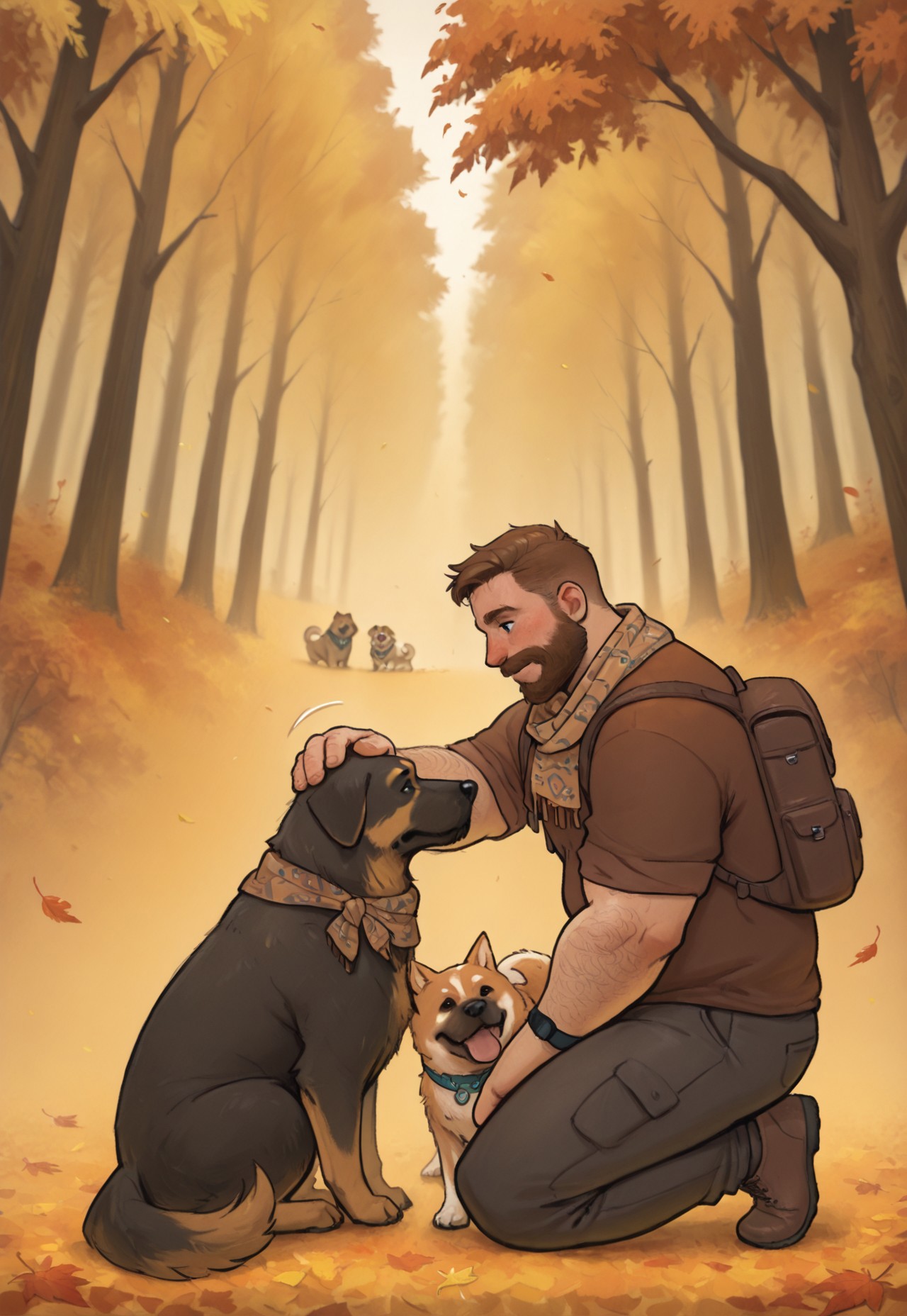 high quality, high detail, best quality, 1boy, solo, male focus, bara, MarkCI, brown hair, short hair, freckles, eyebrow cut, scar on eyebrow, scar over eye, face scar, dark blue eyes, beard, facial hair, mature male, plump, burly, (body hair, hairy), MarkFall, brown shirt, scarf, gold chain necklace, brown backpack, dark grey pants, black watch, dog, petting dog, happy, <3, falling leaves, autumn trees, fall trees, orange trees, forest, kneeling, close-up, looking at dog, from side, playing with dog