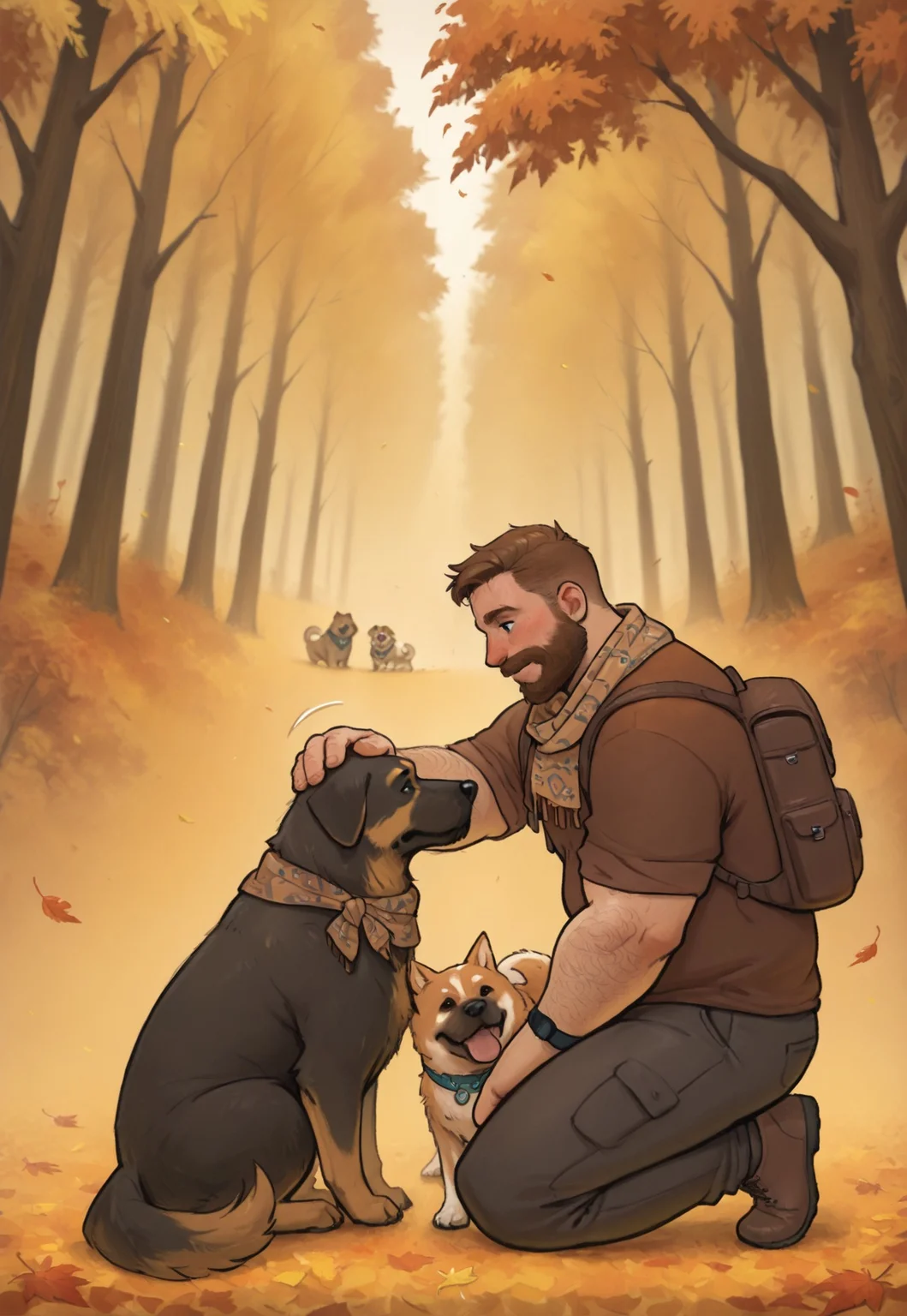 high quality, high detail, best quality, 1boy, solo, male focus, bara, MarkCI, brown hair, short hair, freckles, eyebrow cut, scar on eyebrow, scar over eye, face scar, dark blue eyes, beard, facial hair, mature male, plump, burly, (body hair, hairy), MarkFall, brown shirt, scarf, gold chain necklace, brown backpack, dark grey pants, black watch, dog, petting dog, happy, <3, falling leaves, autumn trees, fall trees, orange trees, forest, kneeling, close-up, looking at dog, from side, playing with dog