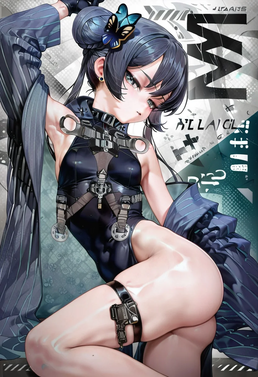 (score_9,score_8_up:1.1),score_7_up, high quality,
NEKOYA, 1girl, solo, hair bun, gloves, thigh strap, harness, black hair, long hair, butterfly hair ornament, breasts, black gloves, hair ornament, looking at viewer, small breasts, grey eyes, ass, dress, jewelry, earrings, armpits, bare shoulders, collar, bangs, arm up, thighs, double bun, single hair bun, china dress, weapon, gun