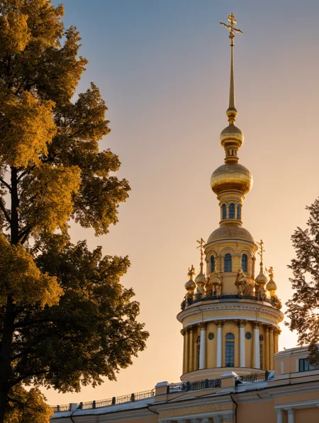 RAW photo of, theatre, tree, spire, high quality, beautiful, golden hour , sculpture, , <lora:piter-step00022500:1>, 8k uhd, dslr, soft lighting, high quality, film grain, Fujifilm XT3, extremely detailed, saint petersburg