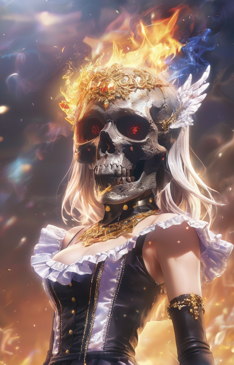 masterpiece,best quality,<lora:tbh60-sdxl:0.75>,burning skull portrait of idolmaster cinderella girls,