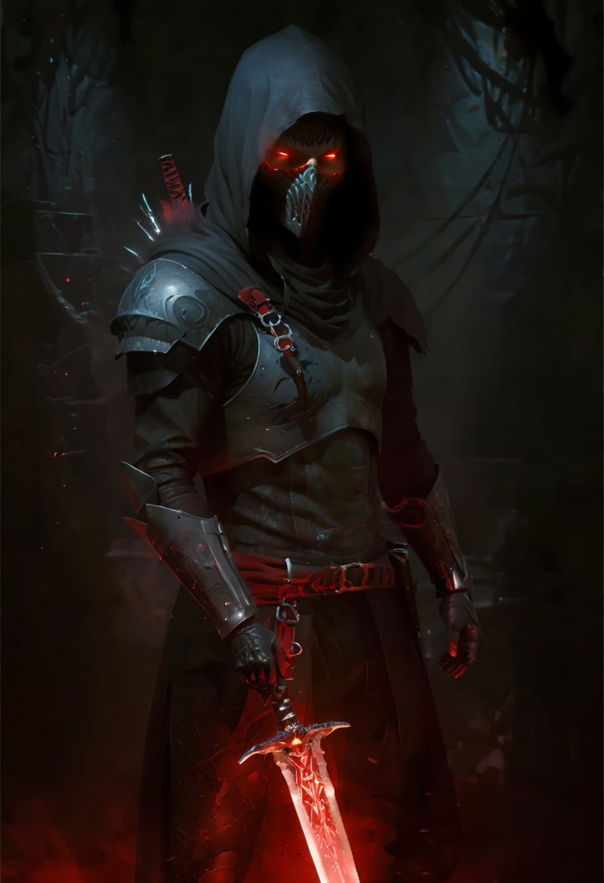 solo, clad in black armor with glowing crimson accents, his armor is a masterpiece of Eldritch craftsmanship, intricate details and a hood that obscures his eyes, 
he holds a massive sword, its blade etched with ancient glowing red runes. tendrils of black fog, 
detailed intricate black gothic armor, hooded cloak, dark contrast and cinematic lighting, soul knight, 
style,ais-darkpartz,cyberpunk 2077 style,