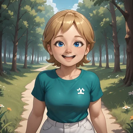 score_9, score_8, BREAK, solo, mii, wii, wii sports resort, 1girl, female mii, cute, blonde hair, black blue eyes, rare eyes, tree shaped nose, open mouth, buck tooth, double chin, chubby, chubby female, dark green clothing, white pants, shoes, Megan_(\Wii_Sports_Resort\), Nintendo Mii, modern_mii, classic_mii, big breasts, sexy pose, self portrait, smile, outdoors, sunlight, shadows, evening lighting, natural lighting, forest, trees, grass, orange sky, sunset
