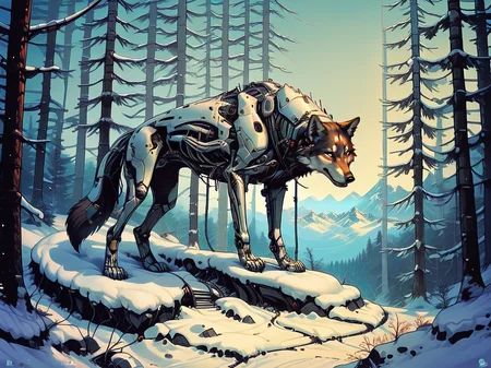 score_9, score_8_up, score_7_up, score_6_up, <lora:cyb0rgXLP:0.8> cyb0rg, science fiction, cable, mechanical parts, forest, scenery, mountains, wolf, feral, snow