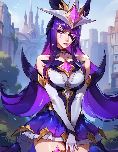 <lora:Floox_2.0:1>,
score_9, score_8_up, score_7_up, master piece, high quality, high res, league of legends, medium close shot, from above,
beautiful face, perfect face, (detailed eyes:1.4), 1girl, sg_syndra, headgear, eye patch, facial mark, purple eyeshadow, multicolored hair, choker, chest jewel, collar, leotard, skirt, elbow gloves, skirt, asymmetrical legwear, thighlet, one white thigh high, outdoors, perfect, <lora:SGSyndraV3:0.8>,