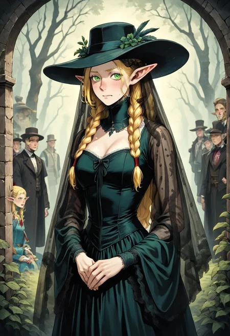 masterpiece, best quality, newest, absurdres, highres, FCMXV1.0, VGE-V1.0, goth fashion, victorian, solo, solo focus, female focus,
1girl, marcille_donato \(dungeon_meshi\), elf, pointy ears, green eyes, blonde,
hat, round hat, veil, dress, formal,