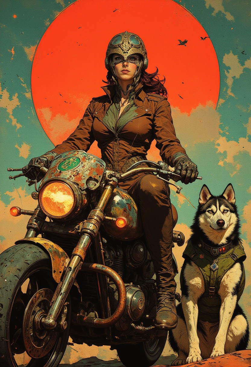 This highly detailed digital drawing with a steampunk aesthetic features a woman with an hourglass figure riding a futuristic motorcycle from behind. She wears a brown, leather-like outfit with a high collar and long sleeves, resembling a Victorian-era riding jacket, enhanced with steampunk elements. Her ornate helmet showcases a metallic, insect-like design on the front, while her braided updo, adorned with metallic accents, amplifies the fantastical, mechanical vibe. The massive motorcycle is sleek, its intricate design emphasizing steampunk influence with brass pipes, gears, and a large, circular metallic plate on the front, adorned with a green emblem. The rear light of the motorcycle glows a striking red, creating a dramatic contrast with the sepia-toned color palette. Beside her, a large Husky dog sits on the right, wearing a green armored vest and sporting a determined expression as it stares ahead with intense, focused eyes. The background features a stylized red sun against a blue sky, with a few birds flying in the distance, adding motion and depth to the scene. The overall style blends realism and fantasy, with a focus on intricate details, gears, and mechanical textures, evoking the spirit of a steampunk world fused with futuristic elements. HD, ultra-detailed, 8K quality.