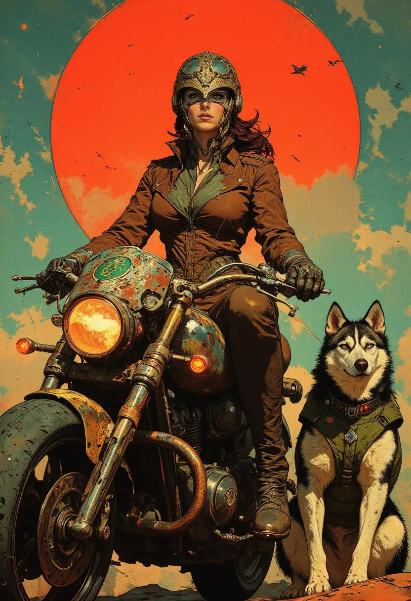 This highly detailed digital drawing with a steampunk aesthetic features a woman with an hourglass figure riding a futuristic motorcycle from behind. She wears a brown, leather-like outfit with a high collar and long sleeves, resembling a Victorian-era riding jacket, enhanced with steampunk elements. Her ornate helmet showcases a metallic, insect-like design on the front, while her braided updo, adorned with metallic accents, amplifies the fantastical, mechanical vibe. The massive motorcycle is sleek, its intricate design emphasizing steampunk influence with brass pipes, gears, and a large, circular metallic plate on the front, adorned with a green emblem. The rear light of the motorcycle glows a striking red, creating a dramatic contrast with the sepia-toned color palette. Beside her, a large Husky dog sits on the right, wearing a green armored vest and sporting a determined expression as it stares ahead with intense, focused eyes. The background features a stylized red sun against a blue sky, with a few birds flying in the distance, adding motion and depth to the scene. The overall style blends realism and fantasy, with a focus on intricate details, gears, and mechanical textures, evoking the spirit of a steampunk world fused with futuristic elements. HD, ultra-detailed, 8K quality.