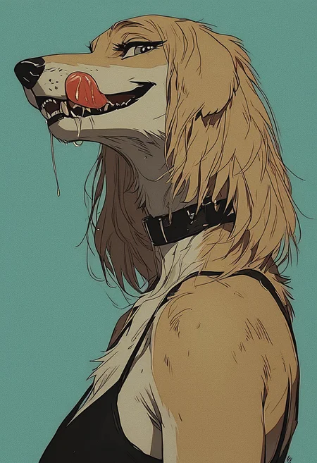 score_9, score_8_up, score_7_up, masterpiece, best quality, expressive, solo, female, ((anthro, furry, canine)), (sighthound), labrador, grey eyes, black spaghetti strap dress, simple background, face focus, side view, teeth, drool, tongue out, licking lips, seductive,  grunge, retro, film grain, vintage, honovy, kenket, dimwitdog,