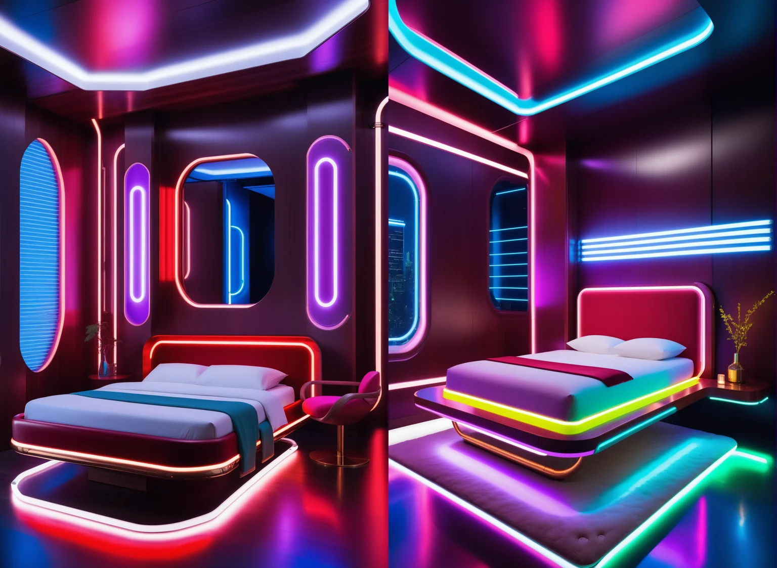 masterpiece, high quality,, a reij bed room, cherry wood details, neon color and ambient neon light, chair  <lora:reij-neonelegance:0.7>
