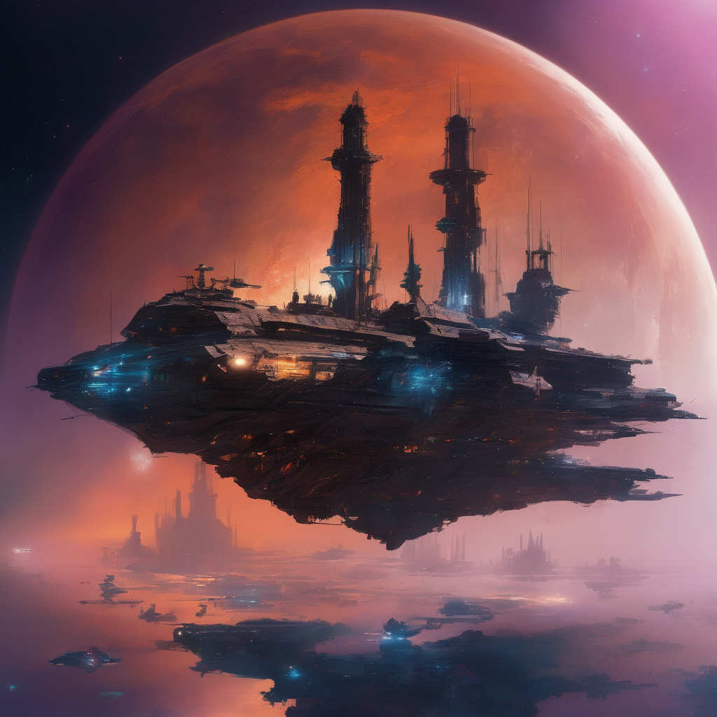 Massive capital ship adrift in deep space, its colossal, angular form dominating the scene, retro-futuristic design with sleek metallic surfaces and glowing energy cores, enormous hangar bays visible with various smaller starships maneuvering around it, some ships docking, others flying in formation, a variety of starship designs (sleek fighters, bulky cargo ships, elegant cruisers) reflecting bold neon colors (vibrant blues, oranges, purples, and greens), soft light from distant stars casting long shadows across the hull, painterly textures capturing the vastness of space, surrounding stars, and a distant nebula glowing faintly in the background, subtle motion from the starships creating a sense of dynamic energy, the scene evoking a mysterious, almost eerie calm as the capital ship floats, its engines inactive, high contrast between the dark void of space and the brightly lit ships, reminiscent of 1970s-1980s sci-fi cover art, with surreal, cinematic framing and vibrant colors