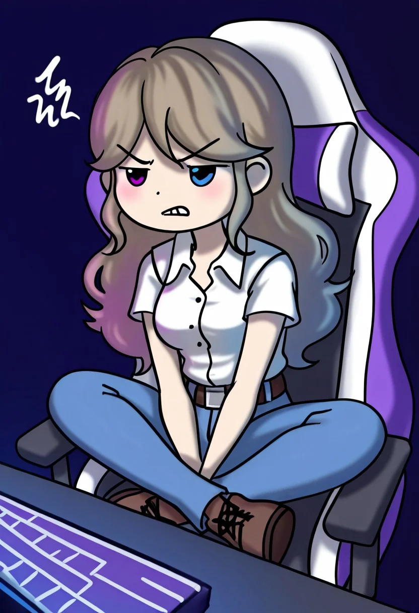 Alie, 1girl, alone, long wavy light brown hair with bangs with both strands on the sides, Heterochromia purple and blue eye, white short-sleeved button-up shirt, jeans with belt, brown shoes
Alie sitting in her gaming chair in front of her PC, arms and legs crossed, annoyed look