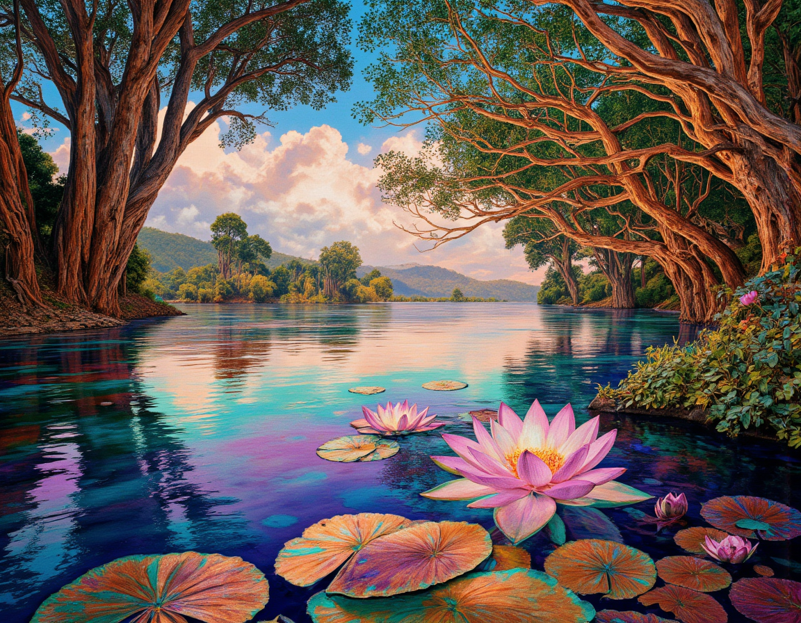 <lora:{psychedelic, }psychedelic-000018:0.6> psychedelic, A surreal and dreamlike painting of a psychedelic lake, where the water's surface reflects a kaleidoscope of colors, from deep blues and purples to vibrant oranges and pinks, creating an otherworldly atmosphere. The surrounding landscape is lush and vibrant, with towering trees that seem to lean in, as if to touch the lake's surface, their leaves a mesmerizing mix of emerald green, sapphire blue, and amber, with intricate details that resemble the patterns found in opals. A few lotus flowers float on the lake, their petals shimmering with an iridescent glow, in shades of lavender, peach, and mint. The sky above is a swirling vortex of colors, with clouds that morph into fantastical creatures, their forms blurring and shifting as they drift across the horizon. The lighting is soft and ethereal, with a warm, golden glow that seems to emanate from the lake itself, casting a mystical spell over the entire scene. The atmosphere is tranquil, yet vibrant with an undercurrent of magic, as if the lake holds secrets and stories that only reveal themselves to those who dare to dream. The shot is a wide-angle, panoramic view, capturing the entirety of the lake and its surroundings, with a shallow depth of field that blurs the distant trees and sky, while keeping the lake's surface and the lotus flowers in sharp focus. The overall mood is one of enchantment and wonder, inviting the viewer to step into the mystical world of the psychedelic lake. The image features a hyper-detailed, painterly rendering style, with bold brushstrokes and vivid textures that seem to pulse with an inner light, drawing the viewer deeper into the heart of the lake. . 35mm photograph, film, bokeh, professional, 4k, highly detailed
