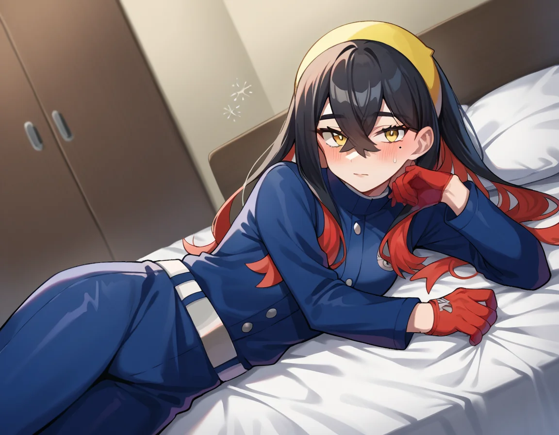 score_9, score_8_up, score_7_up, source_anime,
pokemoncarmine, <lora:pokemon-carmine-ponyxl-lora-nochekaiser:1>
pokemoncarmine, black hair, colored inner hair, crossed bangs, hair between eyes, hairband, long hair, mole, mole under eye, multicolored hair, red hair, sidelocks, two-tone hair, yellow eyes, yellow hairband,
buttons, long sleeves, jacket, gloves, red gloves, pants, belt, blue pants, blue jacket,
indoors, bed, bed room, on side, blush, drunk,
looking at viewer, cowboy shot, dutch angle,