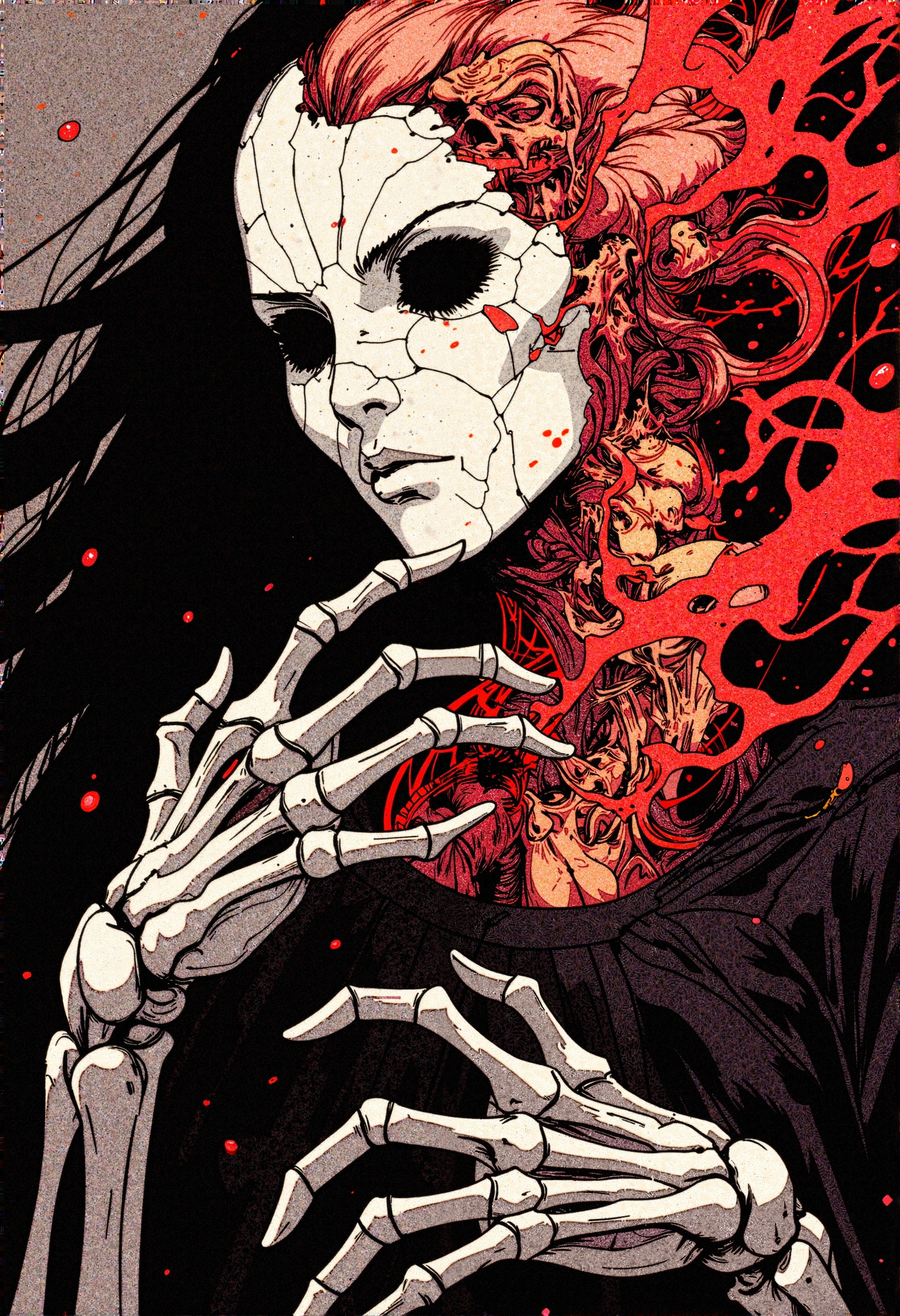 Comic book illustration, 
A highly detailed gothic horror illustration of a sinister yet mesmerizing death goddess, her skin resembling a cracked porcelain mask, flawless yet fractured, her vacant, ink-black eyes exuding an unnatural emptiness, as if she exists beyond the realm of mortality. Her long, skeletal fingers stretch forward as if grasping for something unseen, while her body dissolves into a writhing, chaotic mass of skeletal wraiths and decayed spirits, their tortured faces frozen in expressions of eternal suffering. Her hair is no longer human, instead transforming into a nest of grotesque, curling tendrils and malformed organic growths, slithering like eldritch parasites feeding upon her existence. A chilling crimson glow radiates from within her, illuminating the grotesque figures entangled within her form, their bones and torn remnants fusing with the darkness, creating a terrifying spectacle of beauty and horror intertwined. The illustration is deeply textured, with fine ink detailing capturing the haunting intricacy of the cursed souls, each rendered with an agonizing depth, creating an atmosphere that feels both ancient and apocalyptic.
 <lora:RetroAnimeFluxV1:0.85>