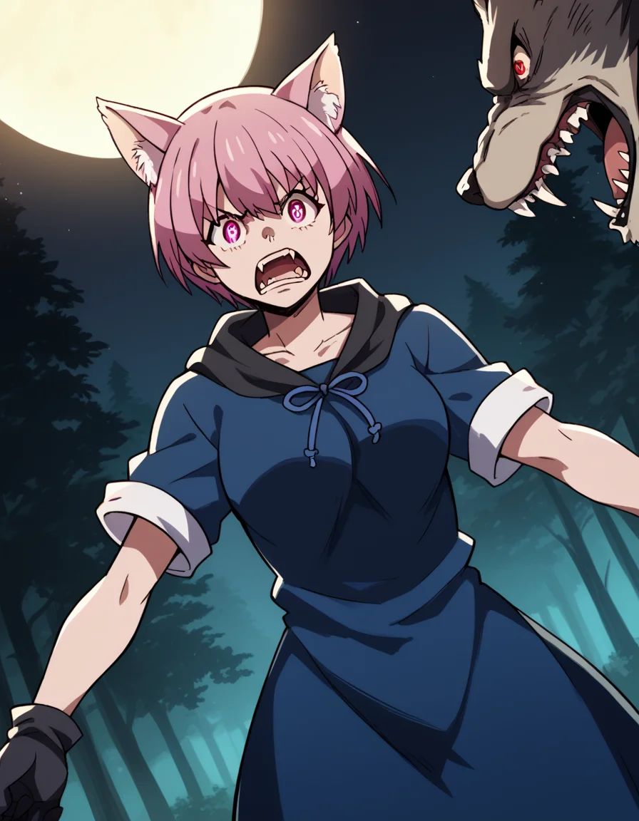 score_9, score_8_up, score_7_up, source_anime, <lora:inca-kasugatani-s2-ponyxl-lora-nochekaiser:1>, inca kasugatani, short hair, pink hair, pink eyes, medium breasts,, <lora:werewolf-ponyxl-lora-nochekaiser:1>, werewolf, furry, fangs, animal ears, gloves, angry, teeth, animal ear fluff,, forest, night, moon, open mouth, , dutch angle, cowboy shot