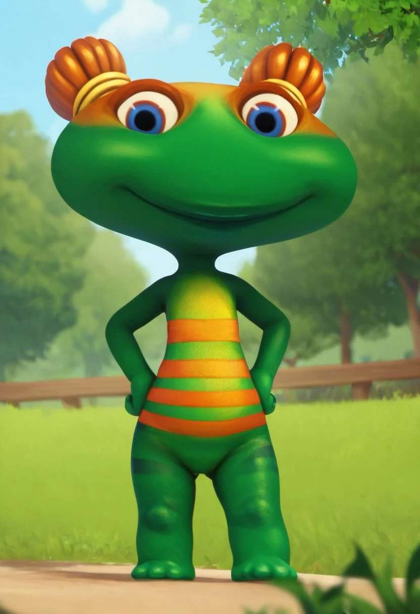lulu zipadoo, 1girl, furry, anthro, female turtle (frog shaped head), green skin, blue eyes, orange eyelid, orange hair, yellow hair ties, pigtails, wide head, chibi, 3 oranges stripes around belly, plump, little tail, wide hips, short body, short legs, ((blurred genitals)), score_8_up, score_7_up, BREAK, 1girl, solo, looking at viewer, cute, smirk, from below, hands on hips, head tilt, female focus, looking at viewer, blue sky, outdoors, park, detailed background, 4k, masterpiece, best quality, highly detailed, realistic, low-angle shot, realistic, 3d,