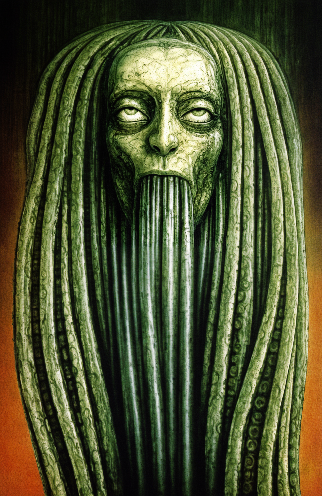 best quality, highres, absurd, (traditional media, 3d, inked:0.6), airbrush \(medium\), 1girl, upper body, slimy tentacles, oral penetration, rolling eyes, green, orange background, gradient background,  artist: h.r. giger , horror \(theme\), shadow, hdr, uncensored, liminal space,  <lora:HR Giger Illustrious 0.1-step00000630:0.9>