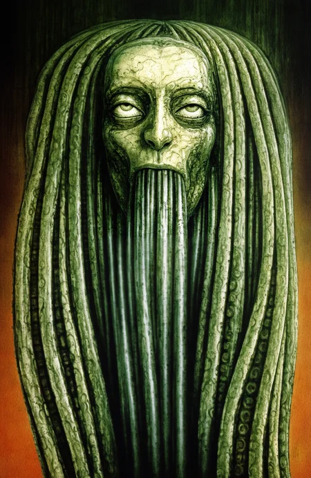 best quality, highres, absurd, (traditional media, 3d, inked:0.6), airbrush \(medium\), 1girl, upper body, slimy tentacles, oral penetration, rolling eyes, green, orange background, gradient background,  artist: h.r. giger , horror \(theme\), shadow, hdr, uncensored, liminal space,  <lora:HR Giger Illustrious 0.1-step00000630:0.9>