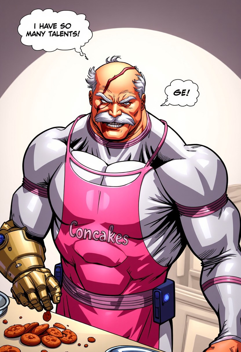 Comic book style illustration featuring C0nq-FLUX, old muscular man with right mechanical hand, scar across his face and blind right eye, dressed in a sleek, silver armor-like suit with a high-tech aesthetic. standing in the kitchen baking a cookies wearing a pink appron with text "Concakes" wrriten on the appron, and the thinking bubble over his head that reads "I have so many talents"