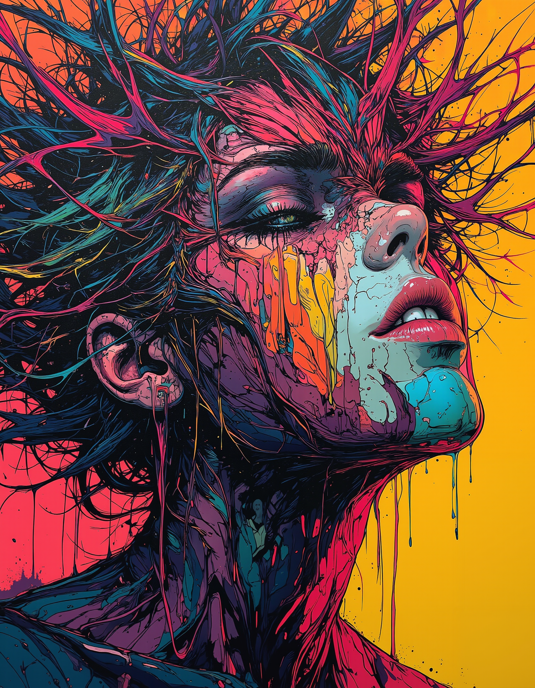 a bizarre painting featuring splashing colorful lines over top of a womans face 
