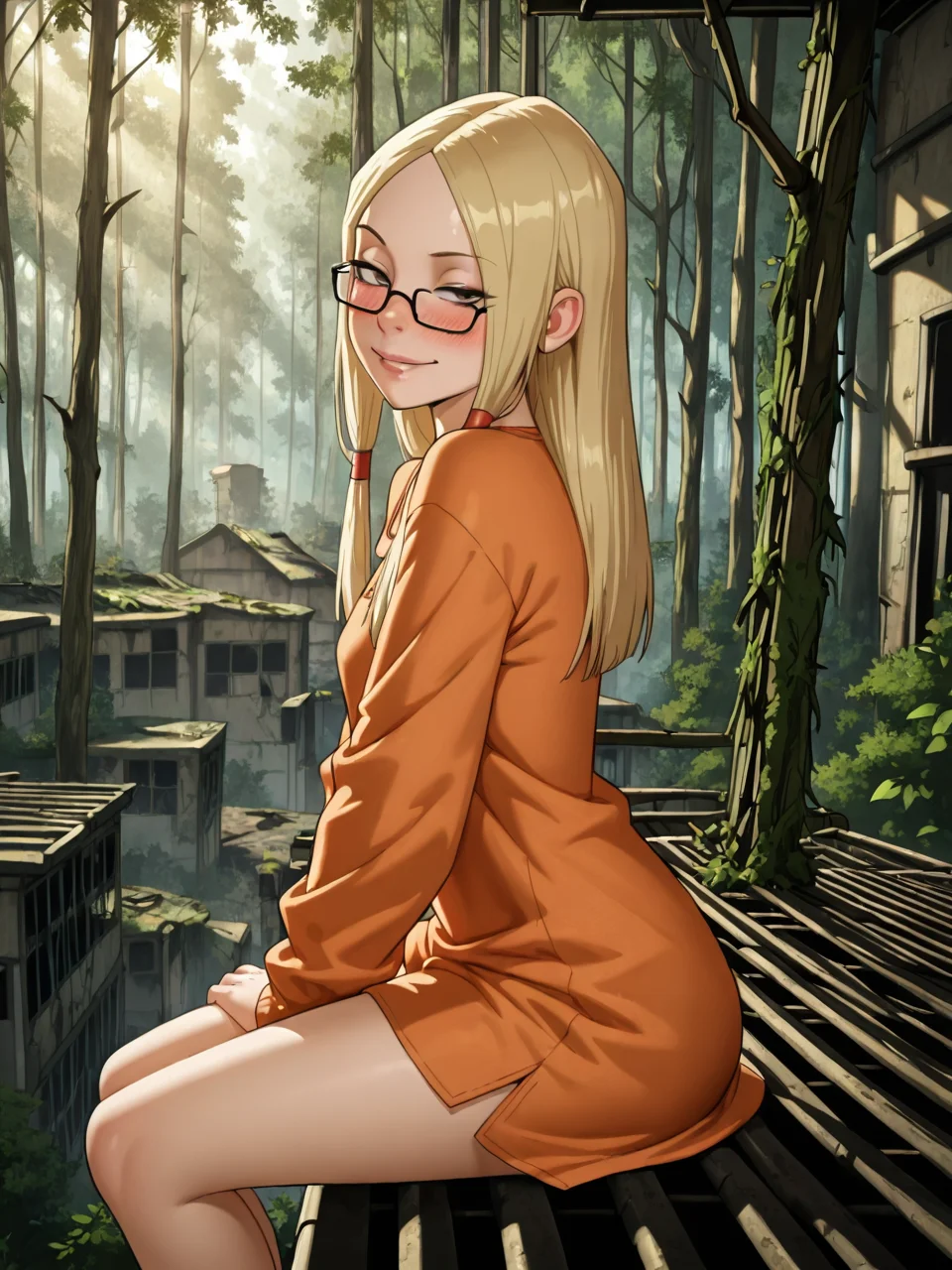(masterpiece,best quality,newest,absurdres,highres), Gr3taBarrym0re, Poststyl, realistic, 1girl, solo, long hair, blonde hair, glasses, sitting on roof, abandoned city, overgrown forest, armrest, naughty face, blush, half closed eyes, looking at viewer, outdoors, tree, leaf, sunlight, nature, light particles, forest, light rays, light, sunbeam,
<lora:Greta_Barrymore_IllustriousXL:0.8><lora:Own_style_IllustriousXL:1>