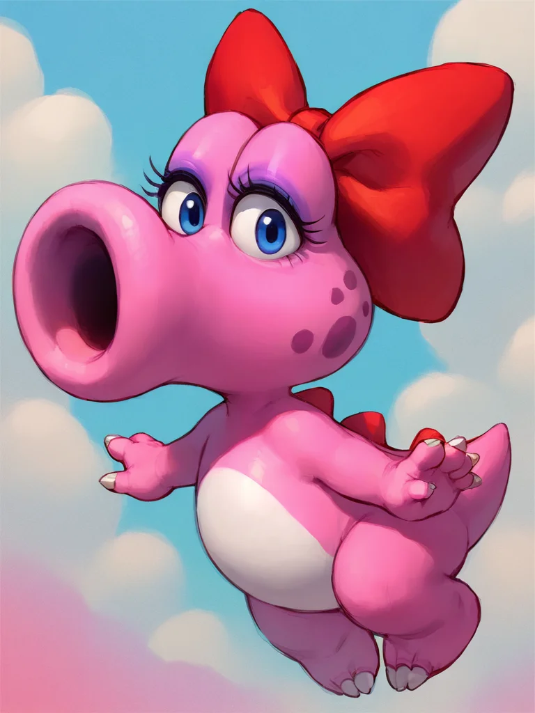 <lora:BirdoPony1.0:1> eyelashes, red bow, pink skin, dinosaur, open mouth, solo, no humans, full body, hair bow, blue eyes, makeup, looking at viewer, score_9, score_8_up, score_7_up, score_6_up