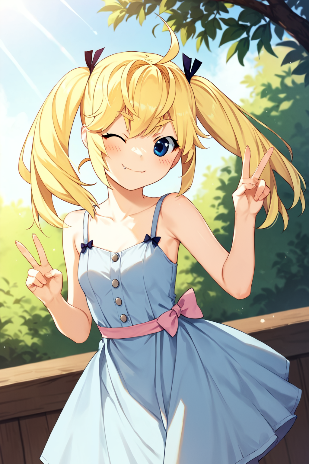 score_9, score_8_up, score_7_up, score_6_up, rating_safe, source_anime, best quality, masterpiece, detailed background, cowboy shot, outdoors, sunny, blush, looking at viewer, <lora:Michiru-xl-03:1>, Michiru, blonde hair, ahoge, twintails, hair ribbon, blue eyes, small breasts, blue sundress, black tights, smile, fang, v sign, wink