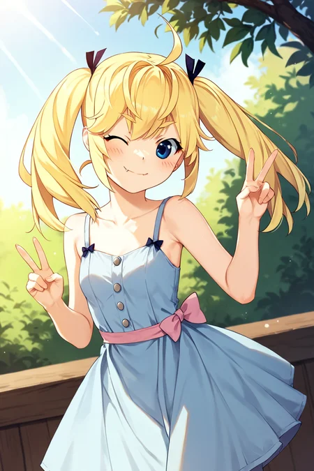 score_9, score_8_up, score_7_up, score_6_up, rating_safe, source_anime, best quality, masterpiece, detailed background, cowboy shot, outdoors, sunny, blush, looking at viewer, <lora:Michiru-xl-03:1>, Michiru, blonde hair, ahoge, twintails, hair ribbon, blue eyes, small breasts, blue sundress, black tights, smile, fang, v sign, wink