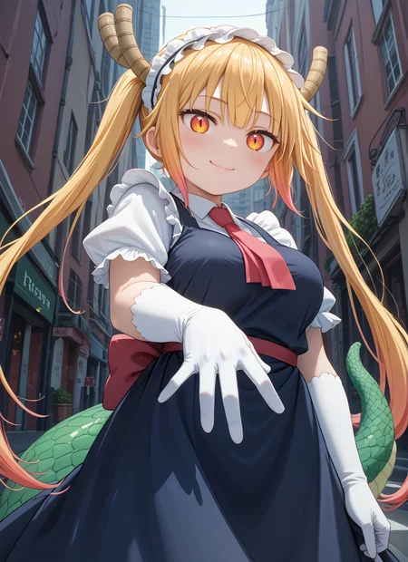 score_9,score_8_up,score_7_up,source_anime BREAK prefect lighting,very aesthetic,prefect hands,best quality,
intricate details,highly detailed background,(masterpiece:0.9),high quality,lustrous_skin,skindentation,(zPDXL3),
ultra delicate hair,
face_detail,
skin_detail,<lora:cfg_scale_boost:0.5>,
lustrous_skin,skindentation,
shiny skin,
<lora:Tohru_Pony:1>,Tohru_(Maidragon),
orange_eyes,slit_pupils,blonde_hair,long_hair,gradient_hair,twintails,large_breasts,dragon_girl,dragon_horns,(dragon_tail:1.1),maid_headdress,blue_dress,red_necktie,puffy_short_sleeves,white_gloves,elbow_gloves,collared_shirt,frills,
masterpiece,best quality,score_9,score_8_up,score_7_up,ultra-detailed,Best-A,Medium-B,Low-C,Bad-D,
cute,light_blush,city,street,smug,dynamic_angle,from_below,smile,